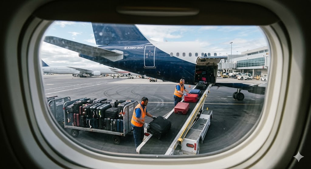View from airplane cabin window showing ground crew loading luggage into cargo hold, explaining banging airplane sounds at the gate