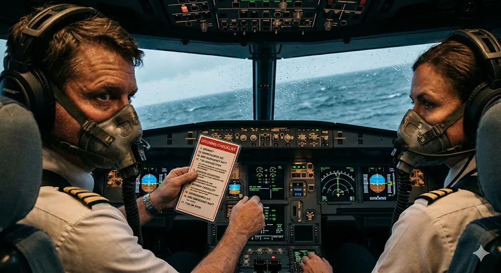 Commercial aircraft cockpit during airplane ditching preparation with pilots reviewing ditching checklist and transponder set