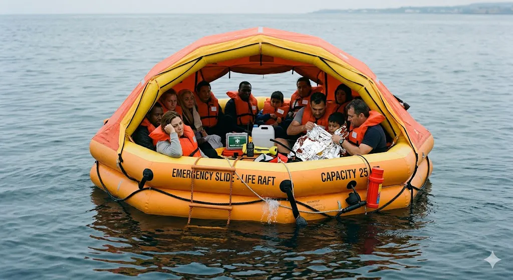 Aircraft evacuation slide converted to life raft floating on water after airplane ditching with passengers inside