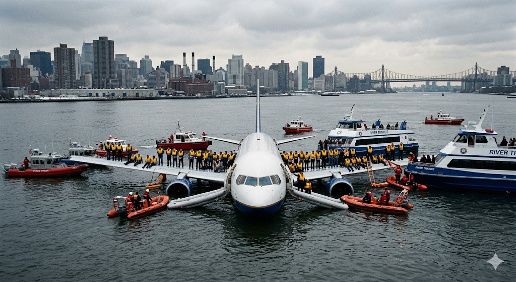 Commercial aircraft floating on river after successful airplane ditching with passengers on wings and rescue boats arriving