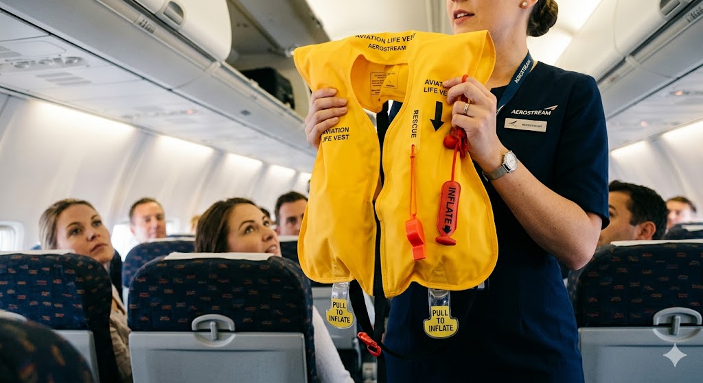 Flight attendant demonstrating life vest fitting and inflation procedure during airplane ditching safety briefing