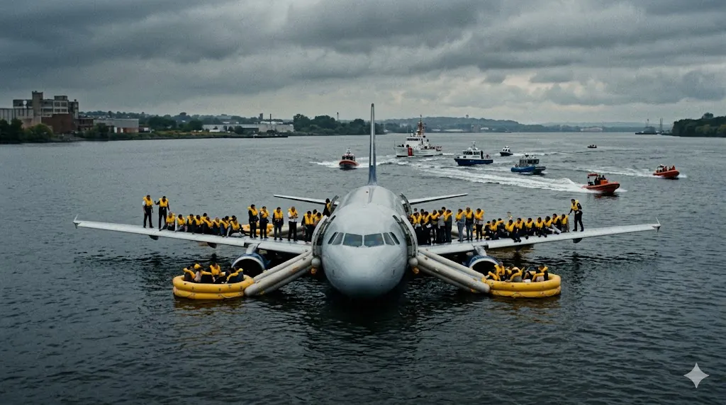 Commercial aircraft floating intact after successful airplane ditching with evacuation slides deployed as rafts and passengers awaiting rescue