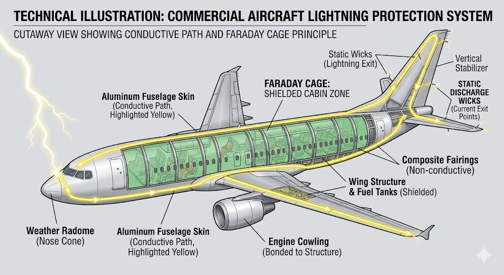 Cutaway diagram showing airplane lightning strike current path flowing along conductive skin with passenger cabin safely shielded as Faraday cage