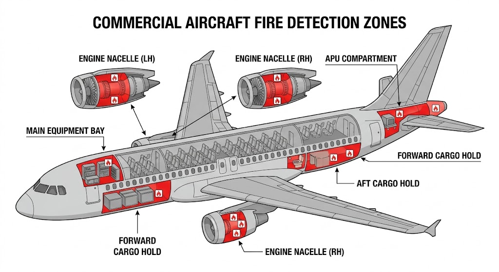 Technical diagram showing all airplane fire detection zones including engines, cargo holds, APU, and lavatory