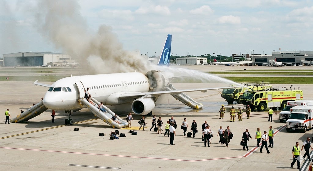 Commercial aircraft emergency evacuation with slides deployed and fire trucks responding to airplane fire on runway