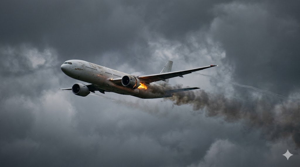 Commercial aircraft in flight with smoke and glow from engine nacelle during airplane fire emergency