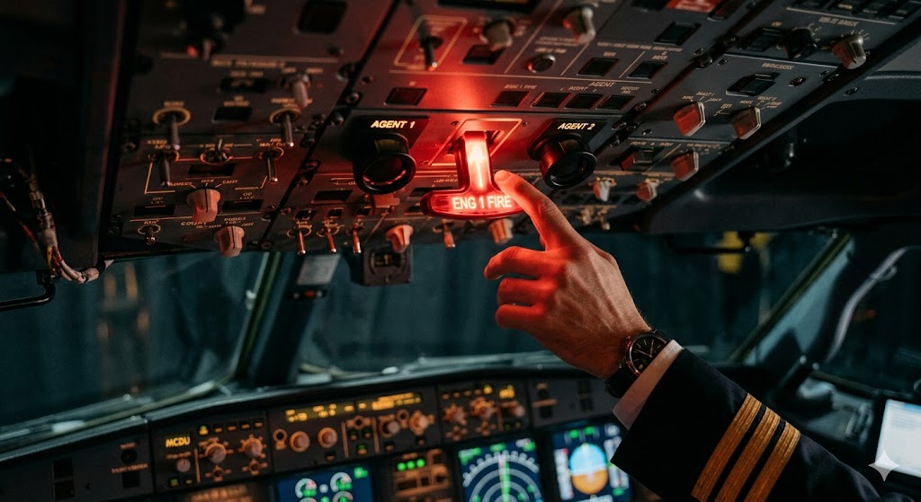 Aircraft cockpit overhead panel showing illuminated red engine fire handle and halon discharge buttons during airplane fire emergency