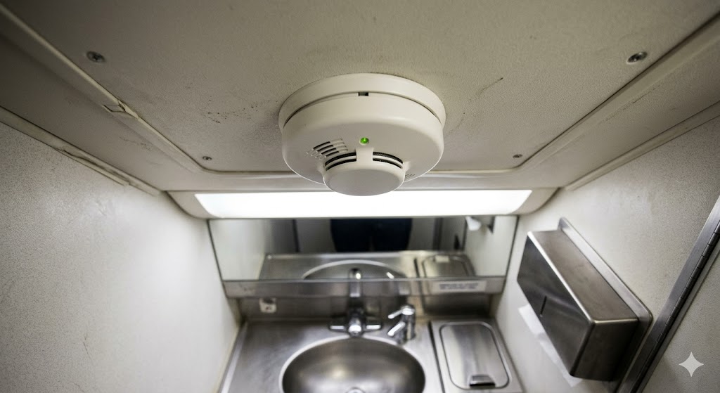 Aircraft lavatory smoke detector mounted on ceiling as part of airplane fire detection system