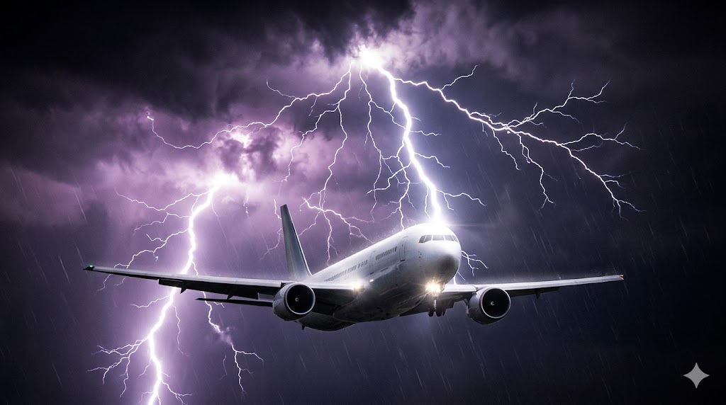 Dramatic photograph of an airplane lightning strike at night with bolt connecting to aircraft nose amid glowing storm clouds