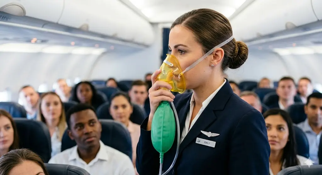 Flight attendant demonstrating proper oxygen mask fitting during safety briefing for rapid decompression preparation
