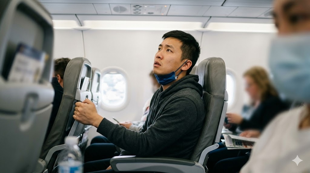 Nervous passenger in airplane window seat gripping armrest and listening to unfamiliar airplane sounds during flight