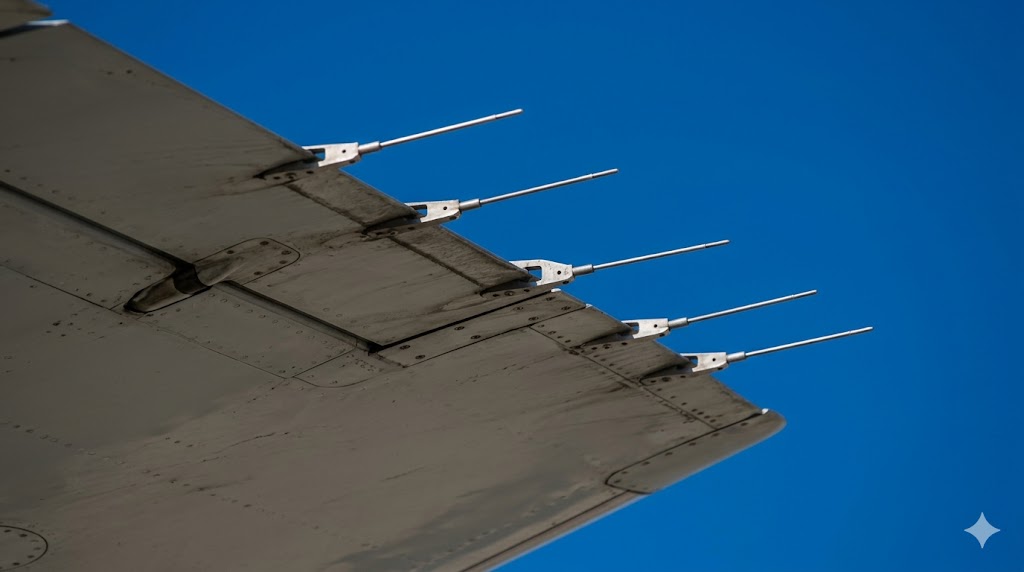 Close-up of static discharge wicks on aircraft wingtip that safely dissipate electrical charge after an airplane lightning strike