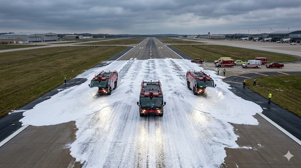 ARFF fire trucks deploying foam on runway in preparation for a gear-up emergency landing