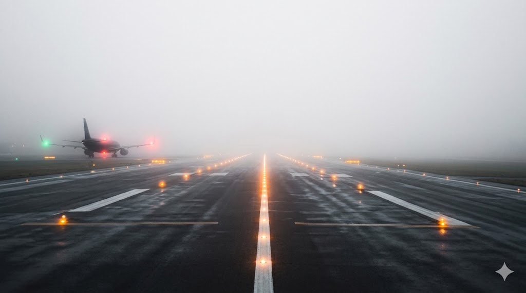 Airport runway in dense fog with centerline and edge lights glowing through mist, illustrating conditions for landing in fog