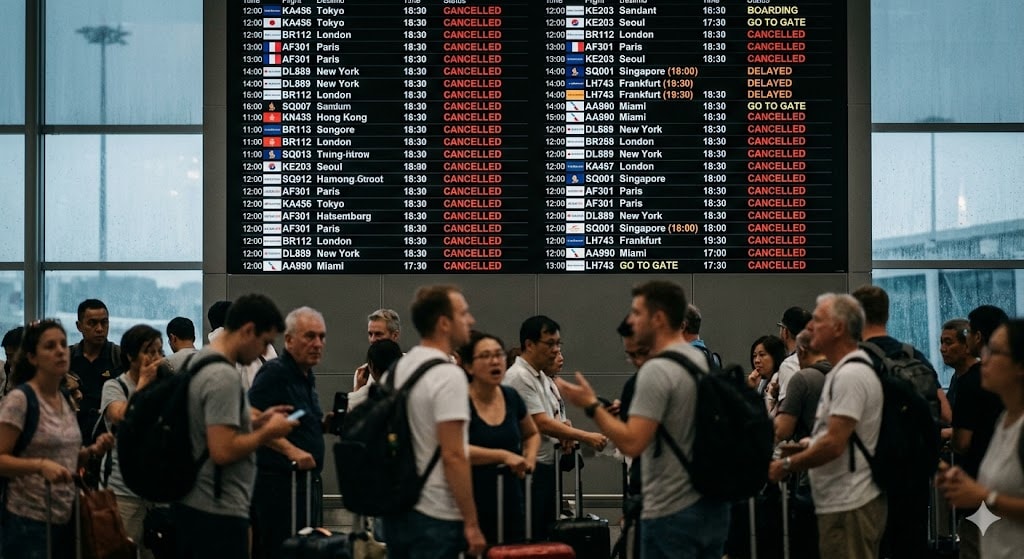 Airport departure board showing numerous cancelled and delayed flights during typhoon disruption