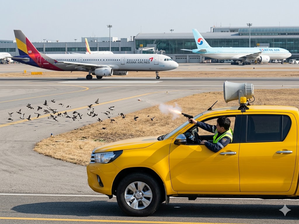 Airport wildlife management vehicle on airfield using bird control equipment to prevent bird strike near runway