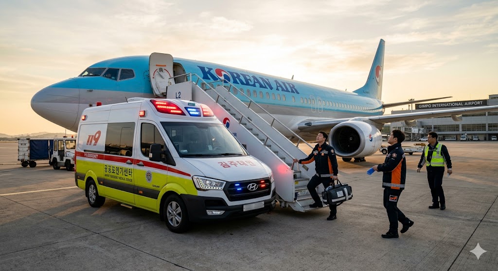 Ambulance with lights flashing meeting commercial aircraft on airport ramp after medical diversion landing