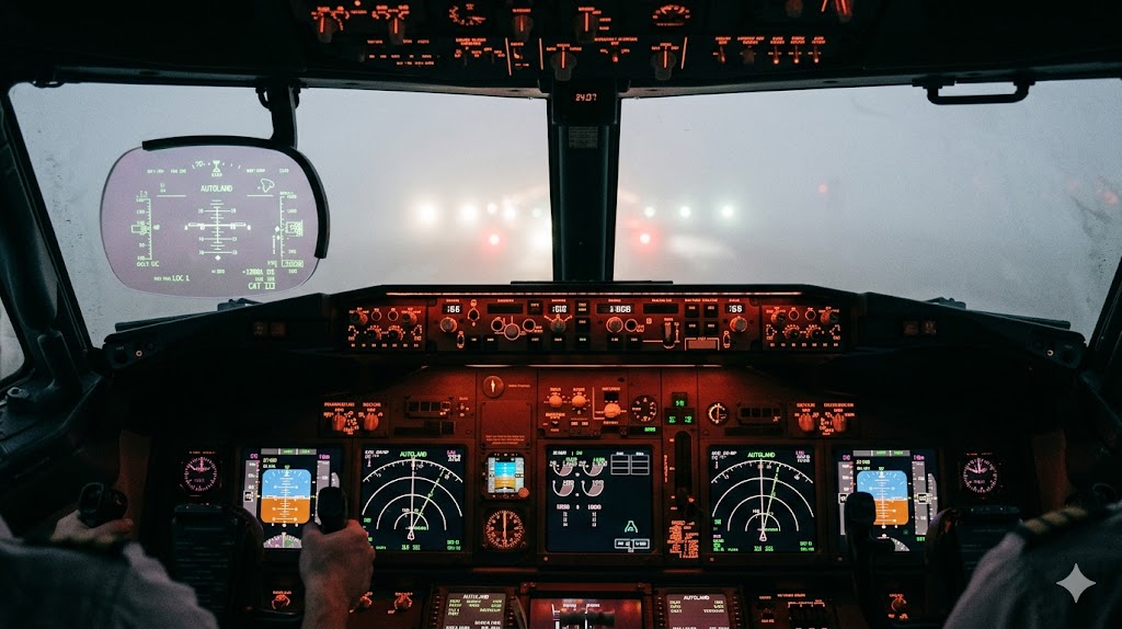 Cockpit view during CAT III autoland approach in fog showing ILS instruments centered, demonstrating rare use of airplane autopilot for landing