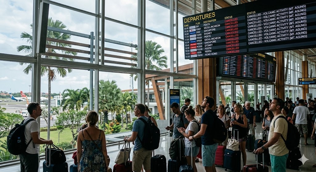 Bali Ngurah Rai International Airport departure board showing cancelled flights due to volcanic activity with stranded passengers