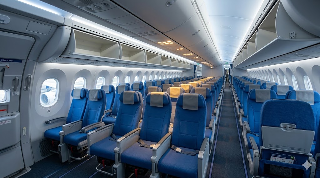 Commercial aircraft economy cabin interior showing rows of seats with wing visible through window, illustrating best seat on a plane choices