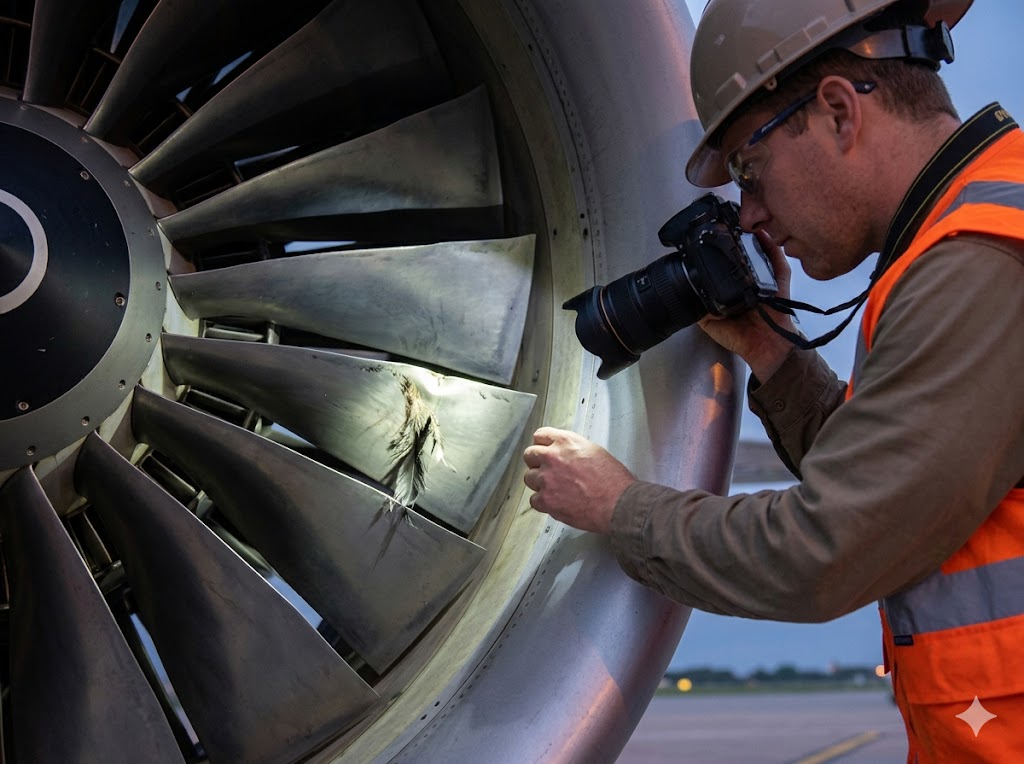 Maintenance engineer inspecting jet engine fan blade after bird strike showing minor dent damage and feather residue