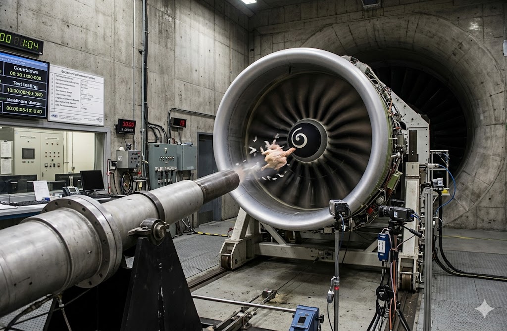 Jet engine bird strike certification test with bird carcass being fired from cannon toward running engine fan for safety testing