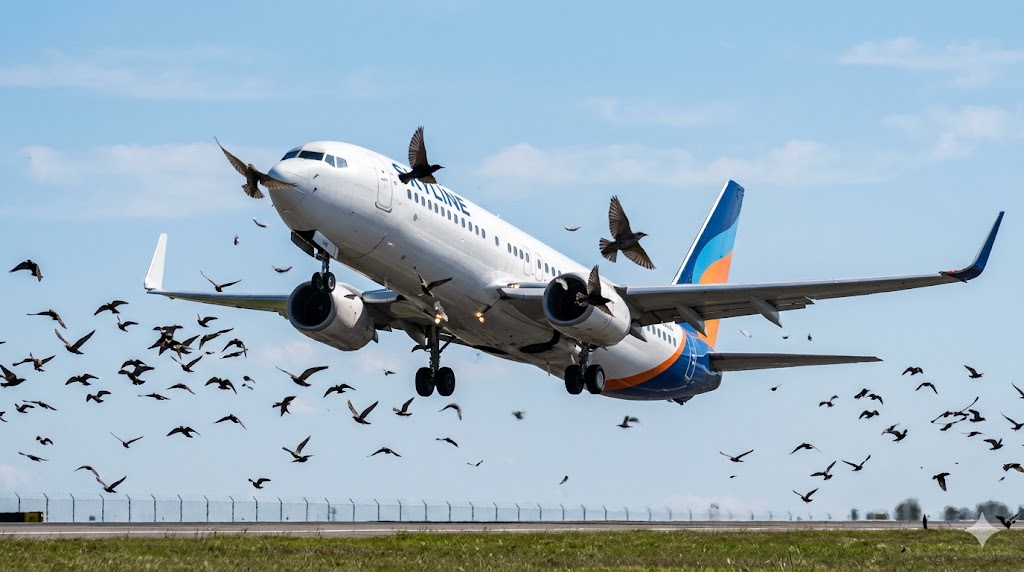 Commercial aircraft during takeoff climb passing through a flock of birds scattering, showing a typical bird strike encounter scenario