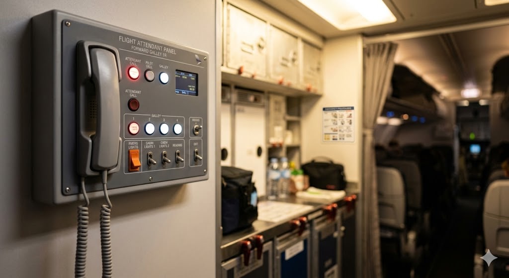 Flight attendant intercom panel with call buttons in aircraft galley showing crew communication system that produces cabin chime airplane sounds