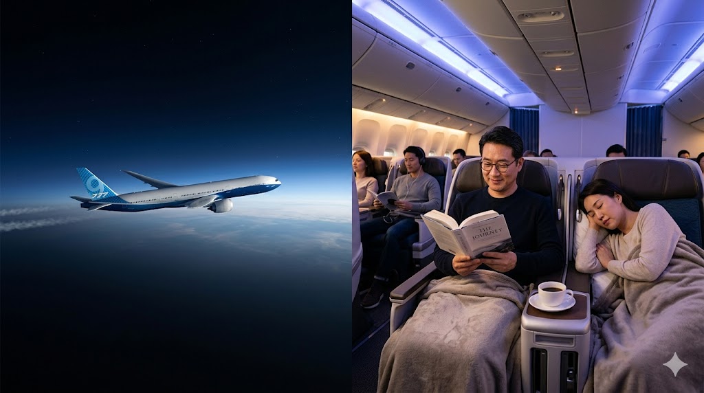 Split image showing hostile exterior of airplane at 35,000 feet versus comfortable pressurized cabin interior, illustrating cabin pressure airplane system