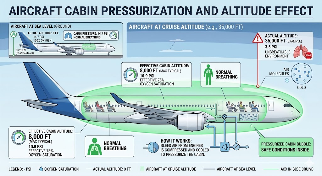 Infographic showing cabin pressure airplane system at different altitudes from sea level to 35,000 feet with pressurized cabin at 8,000 feet equivalent
