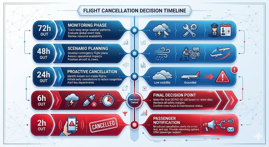 Timeline infographic showing flight cancellation decision process from 72 hours monitoring through to passenger notification at 2 hours