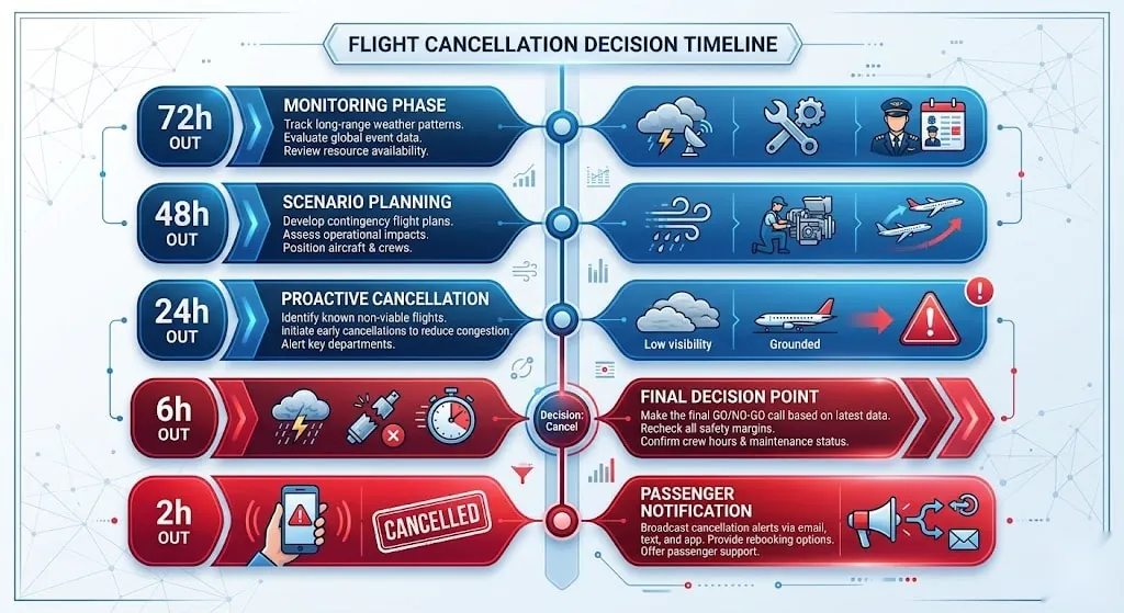 Timeline infographic showing flight cancellation decision process from 72 hours monitoring through to passenger notification at 2 hours