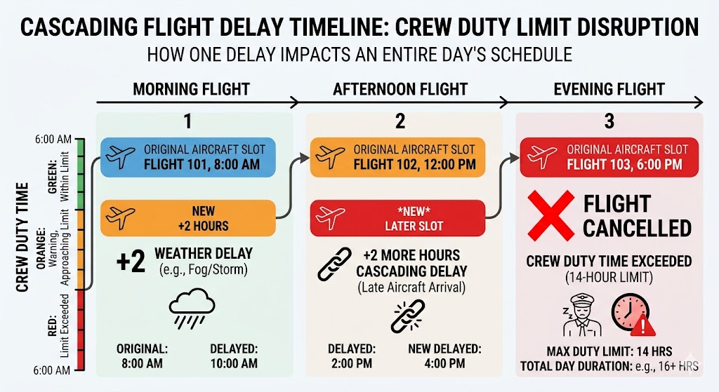 Infographic showing cascading delays through the day leading to crew pilot duty time exceedance and flight cancellation on evening flight