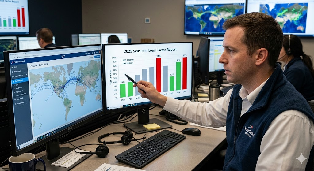 Flight dispatcher reviewing seasonal load factor data showing cheapest time to fly months in green versus peak months in red