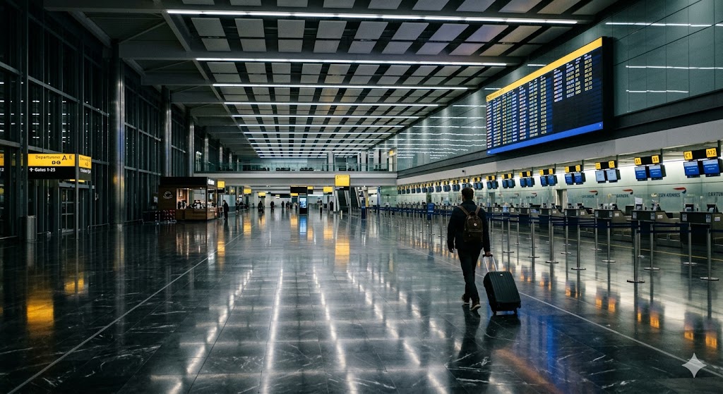 Empty international airport departure hall at 5am showing cheapest time to fly early morning departure conditions