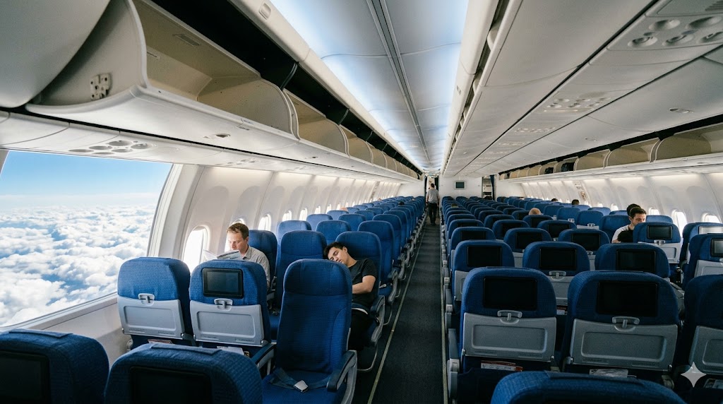 Nearly empty commercial aircraft cabin showing off-peak flying conditions that represent the cheapest time to fly