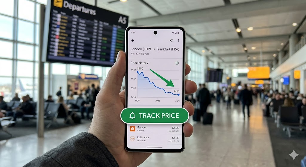 Smartphone showing flight price tracking app with fare drop alert for finding cheapest time to fly on specific routes