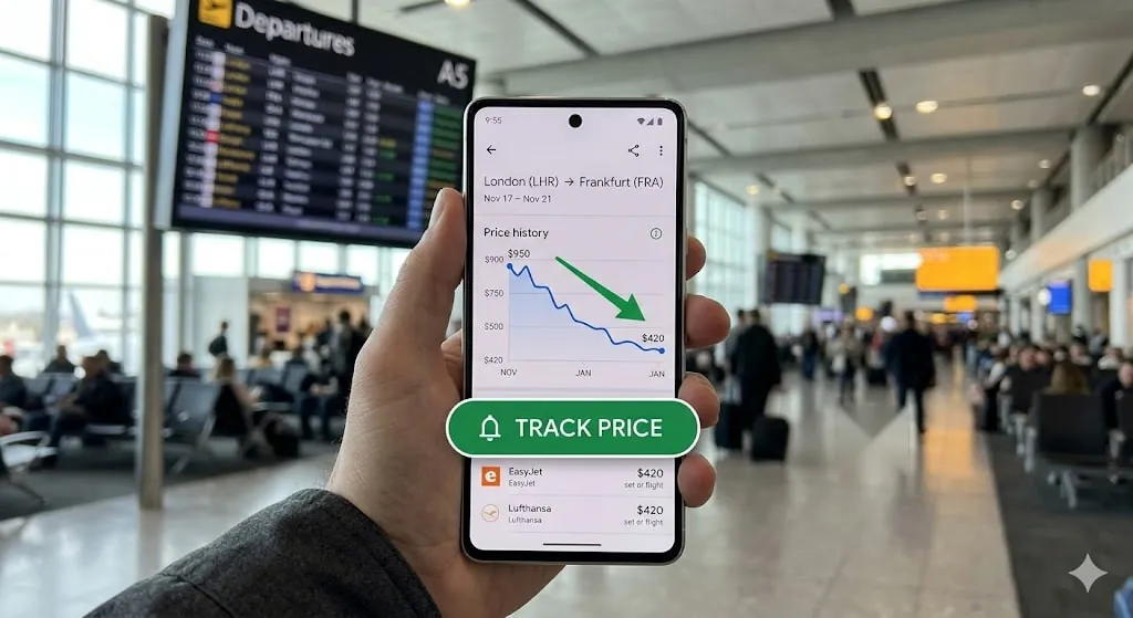 Smartphone showing flight price tracking app with fare drop alert for finding cheapest time to fly on specific routes