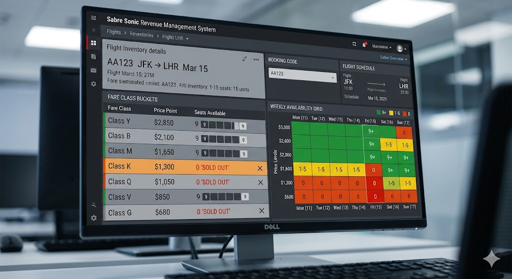 Airline revenue management fare bucket availability screen showing seat inventory at different price points