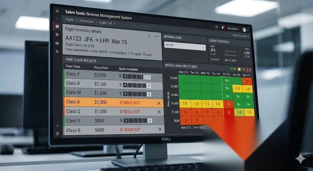 Airline revenue management fare bucket availability screen showing seat inventory at different price points
