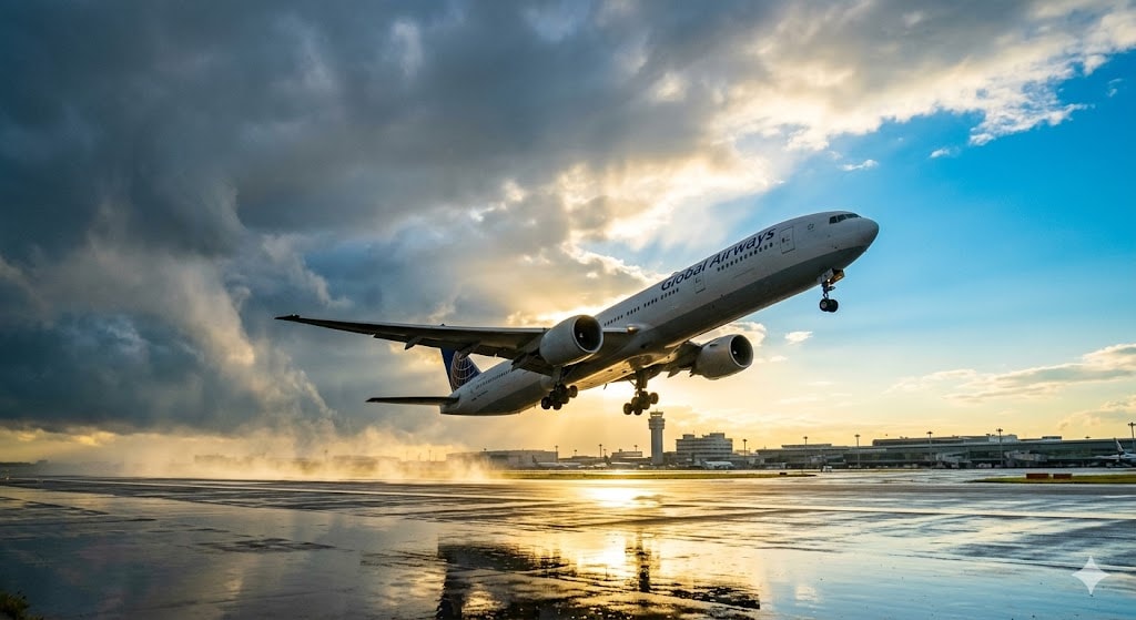 Commercial aircraft taking off into clearing sky after typhoon, dramatic mix of retreating storm clouds and sunshine