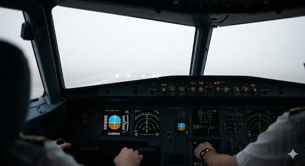 Cockpit instruments during CAT III ILS autoland approach for landing in fog, showing centered glideslope and localizer needles