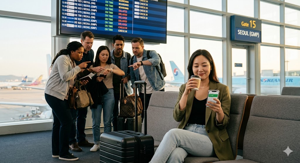 Relaxed confident traveler at airport gate with smartphone tracking flight, calm while others look stressed at departure board