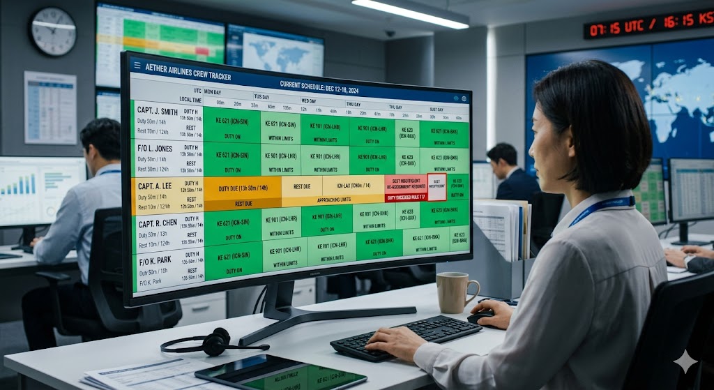 Crew scheduling workstation showing pilot duty time grid with color-coded status for duty hours approaching and exceeding limits
