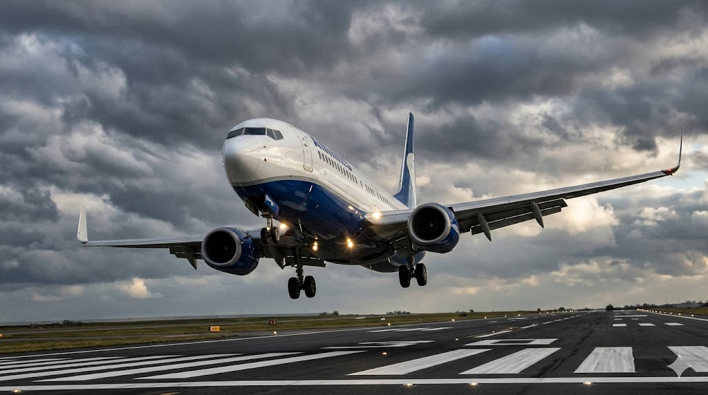 Commercial aircraft on final approach in crosswind landing configuration, visibly crabbing with nose angled into the wind