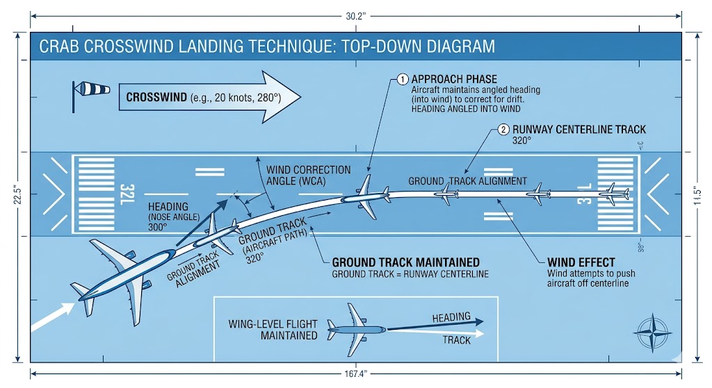 Top-down diagram showing the crab technique during a crosswind landing with aircraft nose angled into wind
