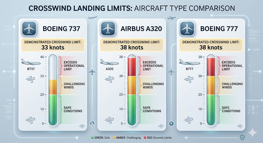 Infographic comparing certified wind limits for different aircraft types during crosswind landing approaches