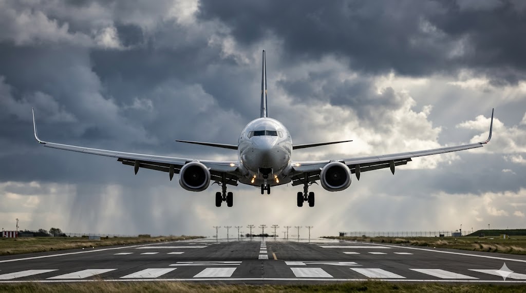 Front view of aircraft on short final in sideslip during crosswind landing with one wing lower and fuselage aligned