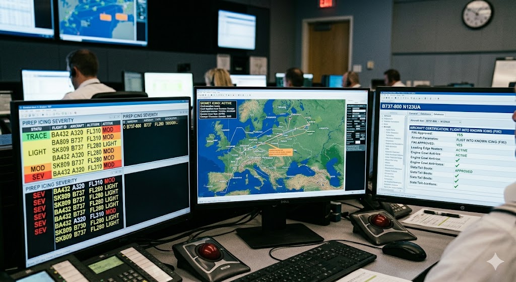 Flight dispatcher at OCC reviewing SIGMET aircraft icing advisories and PIREP icing severity reports for flight release