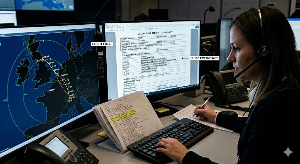 Flight dispatcher at OCC documenting incident records to supplement airplane black box investigation data